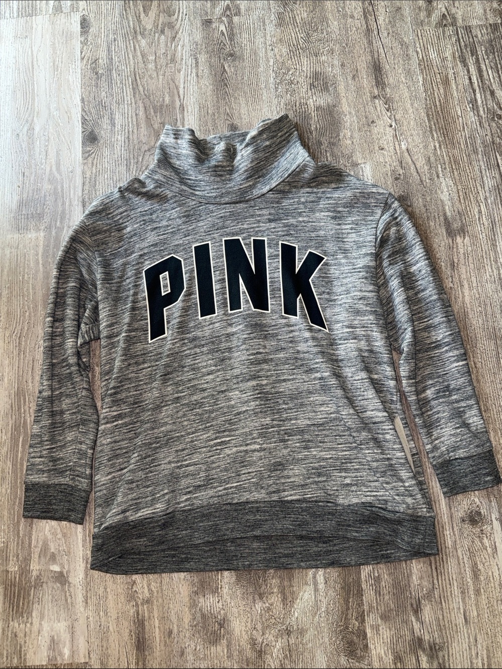 PINK Victoria's Secret Gray Marled Funnel Neck Sweater with Black Logo